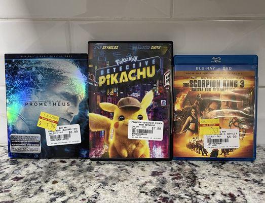 Pokémon Detective Pikachu (DVD), Prometheus (Blu-ray), and The Scorpion King 3: Battle for Redemption (Blu-ray)