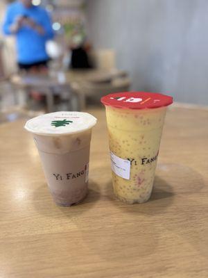 Fresh taro green tea latte and mango pomelo sago