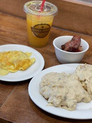 Risky Biscuit, Maple Pepper Bacon, Scrambled Eggs and Fresh Squeezed OJ.