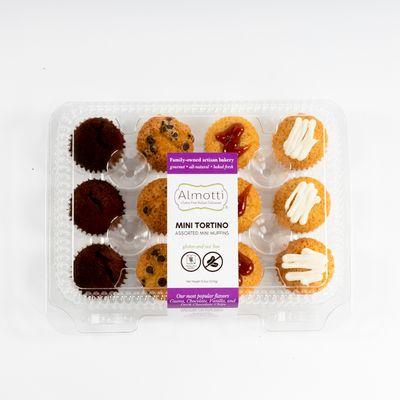 Our assorted Italian Gluten Free Mini Muffins are topped and filled with an assortment of Almotti flavors.