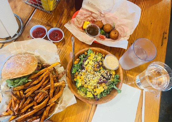 Sweet Potato Hushpuppies, Farm Salad - Large, Build Your Own Vegan Burger, Basket of Sweet Potato Fries