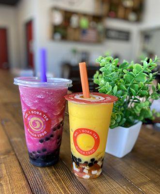 Hawaiian dragon boba & mango boba with rainbow jelly