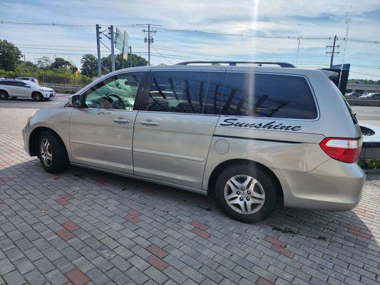 Minivan car3 seats 6 people as well as the driver would be 7 (6 for adults)