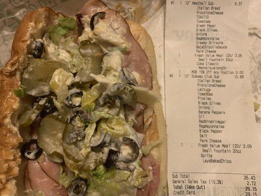 Subway Club missing ingredients but covered with pickles. Copy of receipt clearly shows the order as placed online.