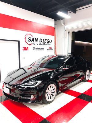 Tesla Model S wrapped in Paint Protection Film and 3M Crystalline tint job.