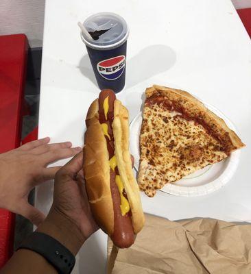 hot dog combo & cheese pizza with a sweet tea