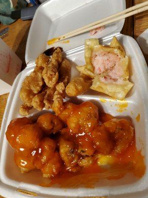 Sesame chicken, crab puff, sweet and sour pork