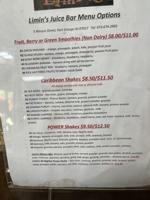 Juice bar menu 2024