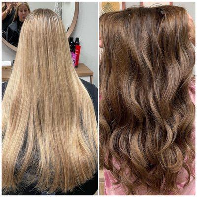 Before/After - From blondie to rich, dimensional brunette done by Jamie Galati 702-266-6996