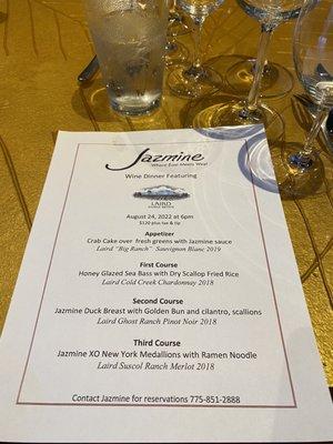 Menu for wine dining