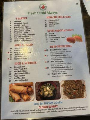 New menu for the all you can eat sushi