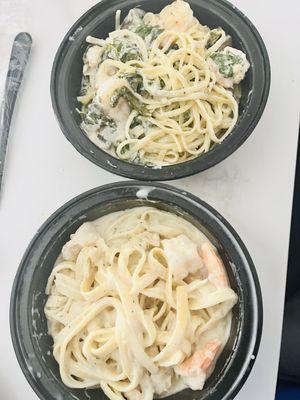 Gamberetti Alla Griglia and Fettucine Tettrazini without mushrooms and without peas.