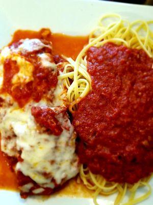 Chicken Parmigiana on Linguine