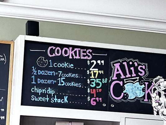 Cookie price menu