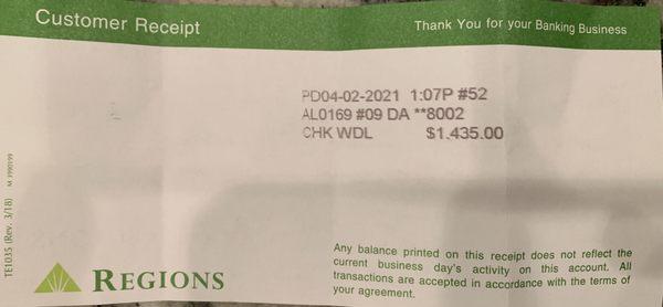 Regions Bank Withdrawal Receipt