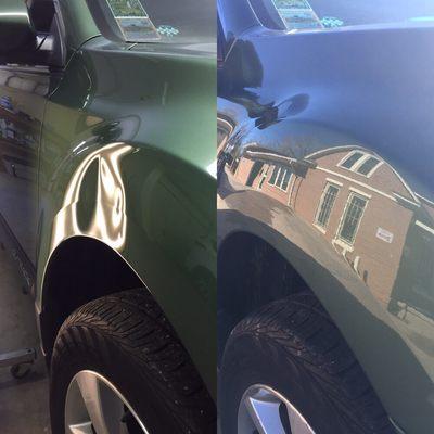 2015 Subaru Outback. Time to repair: 3 hours. Cost: $300 Method Used: 100% Paintless Dent Removal