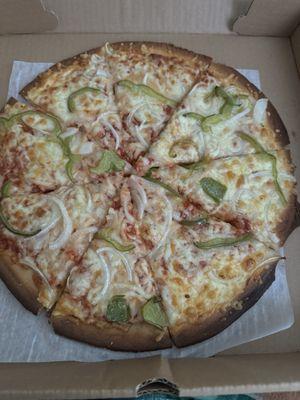 Gluten free pizza with peppers and onions