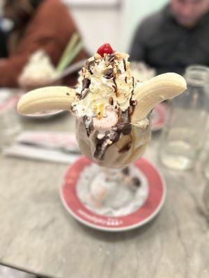 Banana Split Sundae with strawberry, chocolate, and vanilla ice cream!