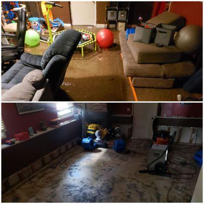 The living room during and after the flood, total loss