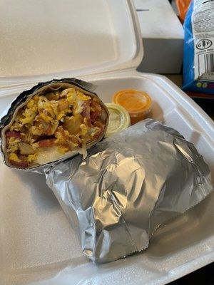 Breakfast Burrito with bacon, potato, eggs, and cheese