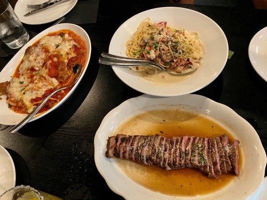 Chicken Parmesan, Lobster Carbonara and dry-aged New York Strip.