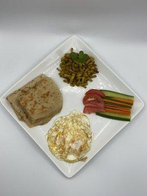 Bangla breakfast! (Paratha, eggs, stir fried potatoes, and salad)