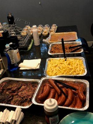 Catered Meal - Brisket, Sausage, Mac & Cheese, Pork, Beans, & Banana Pudding (sorry for zoomed out photo)