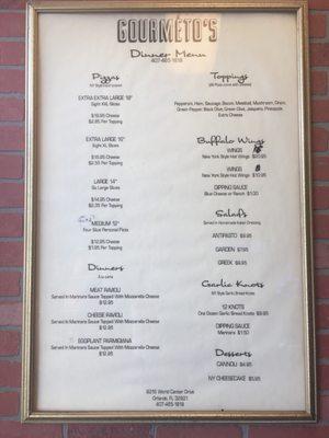 Menu in store