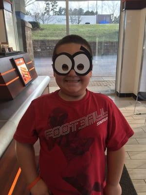 My son was given funny glasses and a stretchy bracelet for being a big helper!