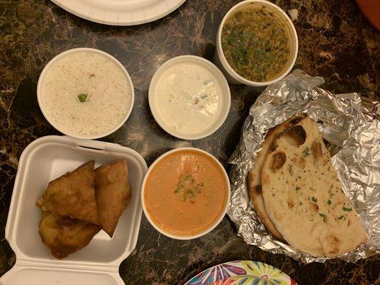 samosas, chicken tikka masala, raita, saag paneer, garlic naan ~$40 total