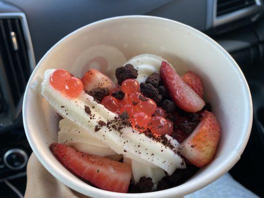 Original flavor with strawberry boba, strawberries, and brownie bits.