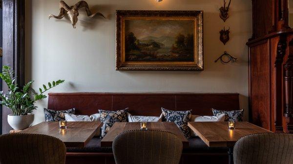 Antique art, lovingly restored, adorns the restaurant walls.