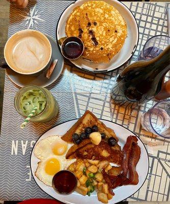 Village Pancakes, Grey Dog's Breakfast, latte, rose petal matcha latte