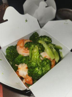 Fresh broccoli and shrimp, size large.