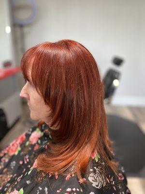 Beautiful copper red color by TinaMontez text to schedule an appointment at 951-233-3478