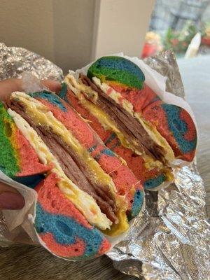 Rainbow Bagel with Taylor ham, egg and cheese