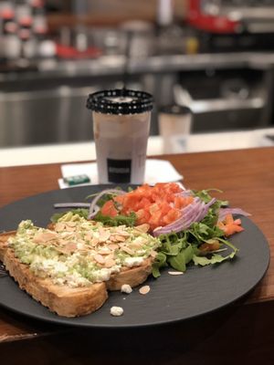 Avocado toast & vanilla iced latte!