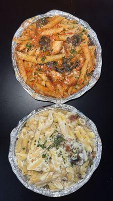 penne with vodka sauce, chicken and mushrooms  penne with alfredo sauce, chicken and mushrooms