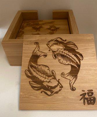 Custom engraved Bamboo coaster set