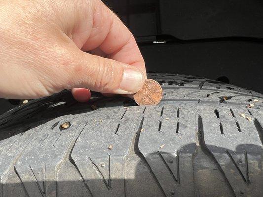 Penny test.  My 1 day old truck fails on every tire.