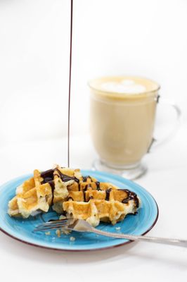 Belgian waffles with chocolate sipping sauce