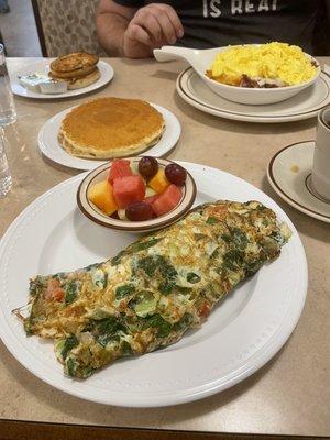 Garden omelet, fruit, pancakes