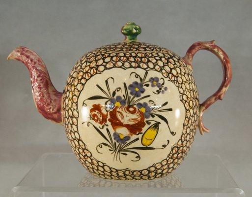 A wonderful English Creamware Wedgwood Chintz tea pot enamel decorated by David Rhodes, c1770-80