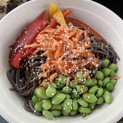 Soba Noodle Salad w/ Red & Yellow Peppers, Pickled Carrots & Edamame