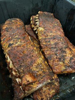 Ribs right off the smoker and waiting to be wrapped