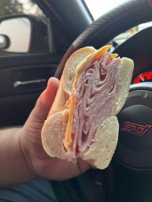 Ham and Cheese with Mayo on a plain bagel.