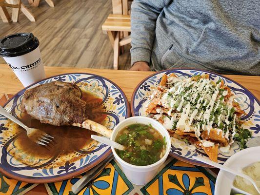 Pistolita consome and chilaquiles de birria.