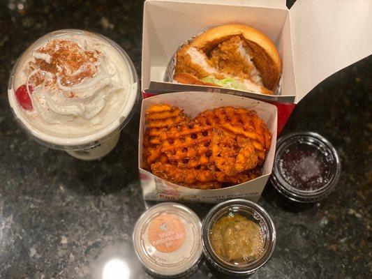 Crispy turkey sandwich, sweet potato fries, and pumpkin spice milkshake (marshmallow dip, herb mayo, cranberry relish on the side)