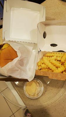 cheeseburger and fries delivered by DoorDash with shake sauce on the side