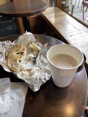 Chai latte and caprese bagel